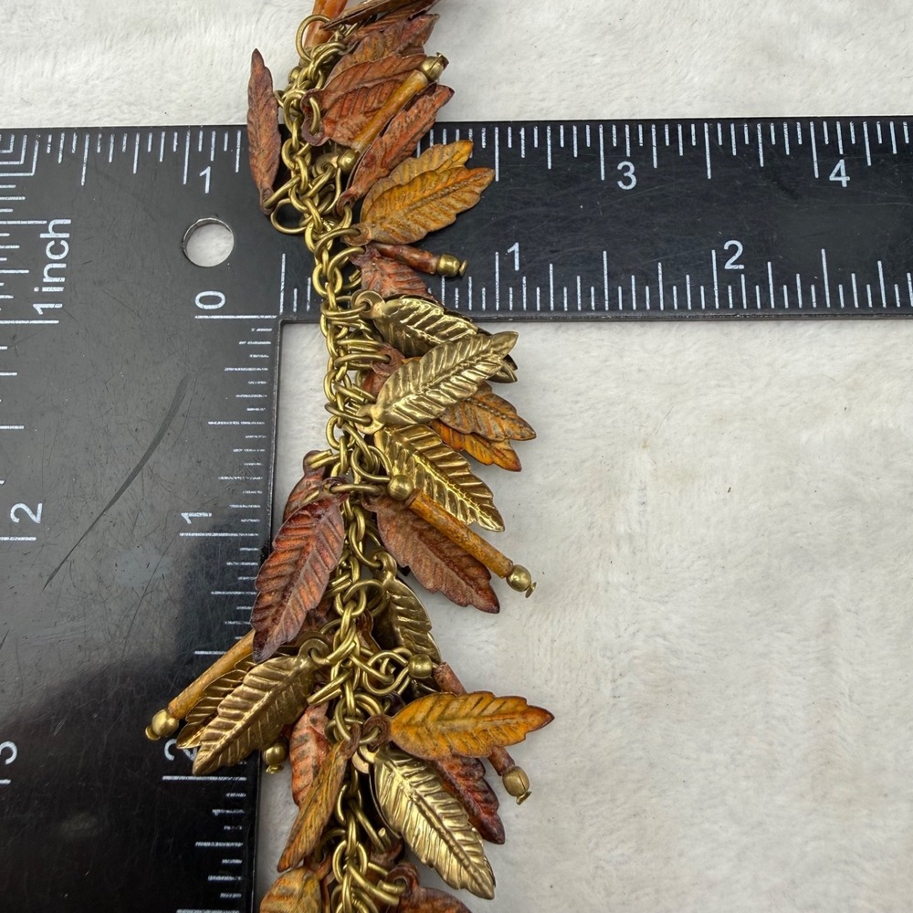 Feather Charm Bracelet Boho Brown Gold Tone 7" - Picture 4 of 7